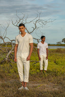 Tunis V-Neck T-shirt in Desert Sand Beige Cotton