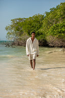 Positano Shorts in Desert Sand Beige and Snow White Stripes Linen