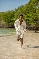 Positano Shorts in Desert Sand Beige and Snow White Stripes Linen