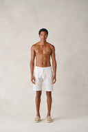 Positano Shorts in Desert Sand Beige and Snow White Stripes Linen