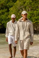 Havana Hoodie in Beige Desert Sand and Snow White Stripes Linen
